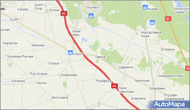 mapa Dębice gmina Włocławek, Dębice gmina Włocławek na mapie Targeo