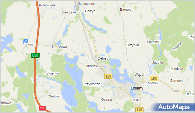 mapa Dębiec gmina Lipiany, Dębiec gmina Lipiany na mapie Targeo