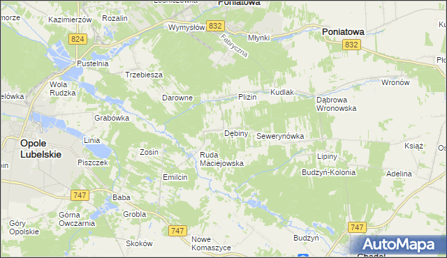 mapa Dębiny gmina Opole Lubelskie, Dębiny gmina Opole Lubelskie na mapie Targeo