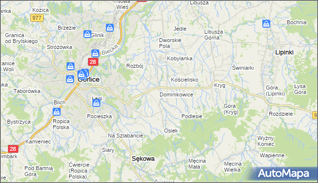 mapa Dominikowice gmina Gorlice, Dominikowice gmina Gorlice na mapie Targeo