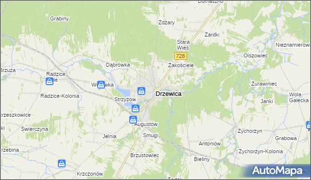 mapa Drzewica powiat opoczyński, Drzewica powiat opoczyński na mapie Targeo