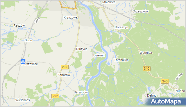 mapa Dziewin gmina Ścinawa, Dziewin gmina Ścinawa na mapie Targeo