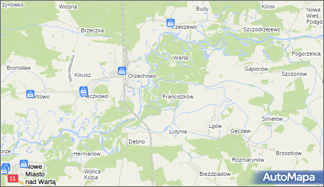 mapa Franciszków gmina Nowe Miasto nad Wartą, Franciszków gmina Nowe Miasto nad Wartą na mapie Targeo
