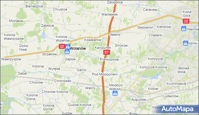mapa Franciszków gmina Wolanów, Franciszków gmina Wolanów na mapie Targeo