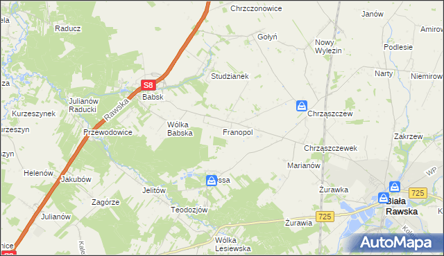 mapa Franopol gmina Biała Rawska, Franopol gmina Biała Rawska na mapie Targeo