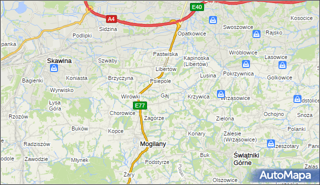 mapa Gaj gmina Mogilany, Gaj gmina Mogilany na mapie Targeo