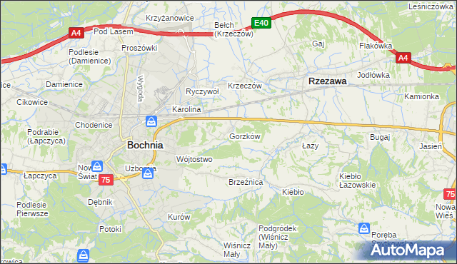 mapa Gorzków gmina Bochnia, Gorzków gmina Bochnia na mapie Targeo