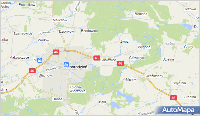 mapa Gosławice gmina Dobrodzień, Gosławice gmina Dobrodzień na mapie Targeo