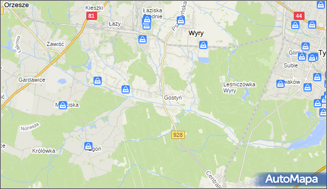 mapa Gostyń gmina Wyry, Gostyń gmina Wyry na mapie Targeo
