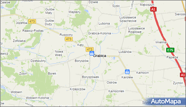mapa Grabica powiat piotrkowski, Grabica powiat piotrkowski na mapie Targeo