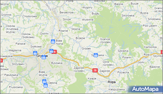 mapa Gródek gmina Grybów, Gródek gmina Grybów na mapie Targeo