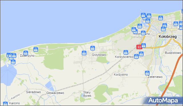 mapa Grzybowo gmina Kołobrzeg, Grzybowo gmina Kołobrzeg na mapie Targeo