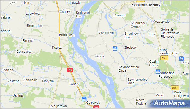 mapa Gusin gmina Sobienie-Jeziory, Gusin gmina Sobienie-Jeziory na mapie Targeo