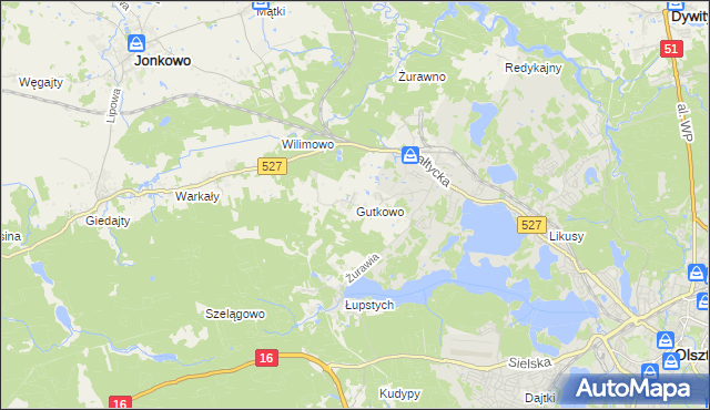 mapa Gutkowo gmina Jonkowo, Gutkowo gmina Jonkowo na mapie Targeo
