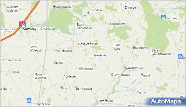 mapa Jakubów gmina Kowiesy, Jakubów gmina Kowiesy na mapie Targeo