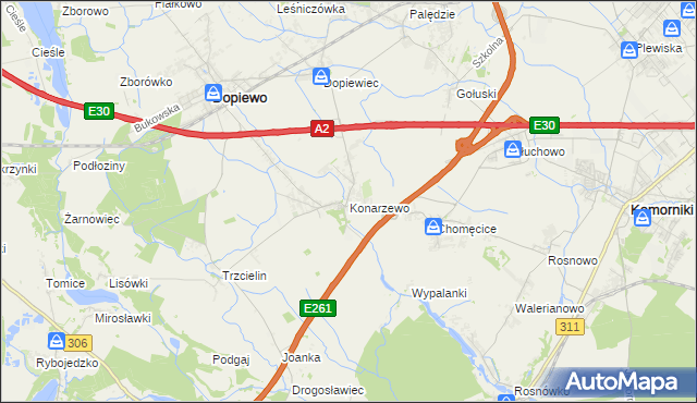 mapa Konarzewo gmina Dopiewo, Konarzewo gmina Dopiewo na mapie Targeo