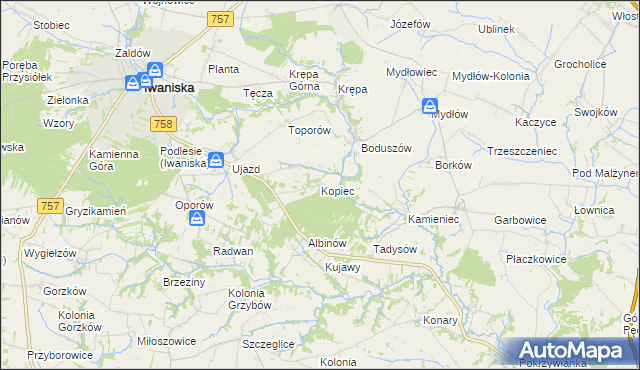 mapa Kopiec gmina Iwaniska, Kopiec gmina Iwaniska na mapie Targeo