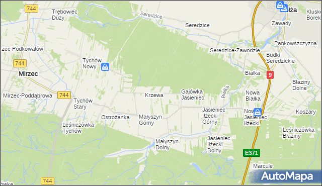 mapa Krzewa gmina Mirzec, Krzewa gmina Mirzec na mapie Targeo