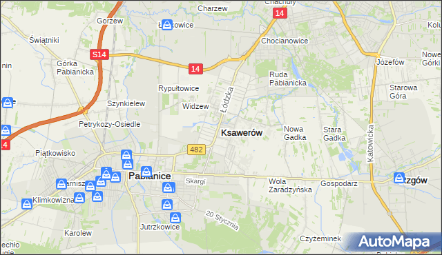 mapa Ksawerów powiat pabianicki, Ksawerów powiat pabianicki na mapie Targeo