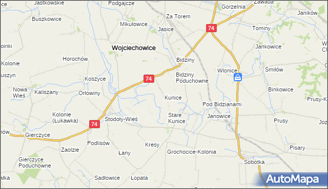 mapa Kunice gmina Wojciechowice, Kunice gmina Wojciechowice na mapie Targeo