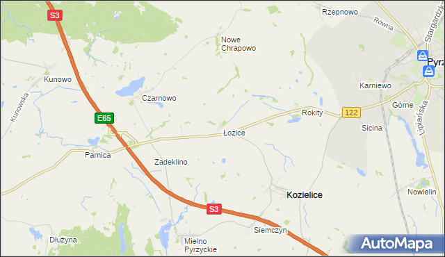 mapa Łozice gmina Kozielice, Łozice gmina Kozielice na mapie Targeo