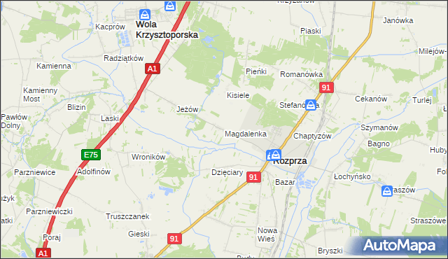 mapa Magdalenka gmina Rozprza, Magdalenka gmina Rozprza na mapie Targeo