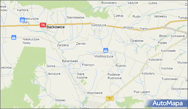 mapa Modliborzyce gmina Baćkowice, Modliborzyce gmina Baćkowice na mapie Targeo