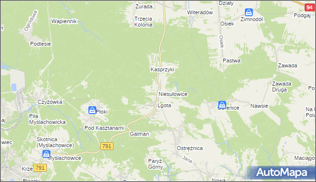 mapa Niesułowice gmina Olkusz, Niesułowice gmina Olkusz na mapie Targeo