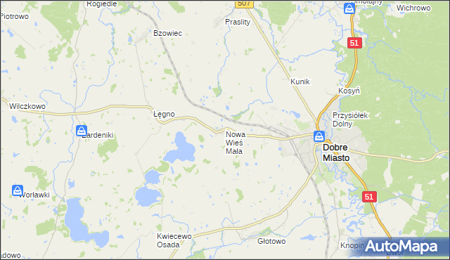 mapa Nowa Wieś Mała gmina Dobre Miasto, Nowa Wieś Mała gmina Dobre Miasto na mapie Targeo