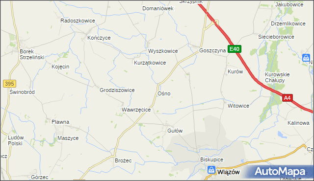 mapa Ośno gmina Wiązów, Ośno gmina Wiązów na mapie Targeo