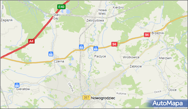 mapa Parzyce gmina Nowogrodziec, Parzyce gmina Nowogrodziec na mapie Targeo