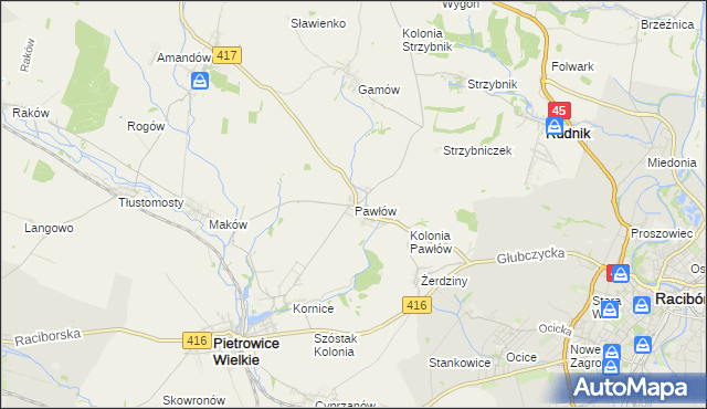 mapa Pawłów gmina Pietrowice Wielkie, Pawłów gmina Pietrowice Wielkie na mapie Targeo