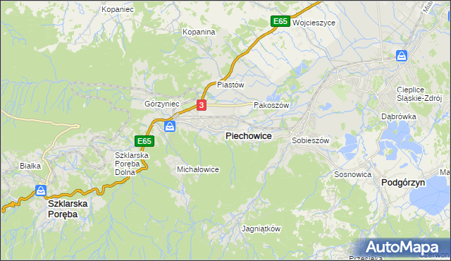 mapa Piechowice powiat jeleniogórski, Piechowice powiat jeleniogórski na mapie Targeo