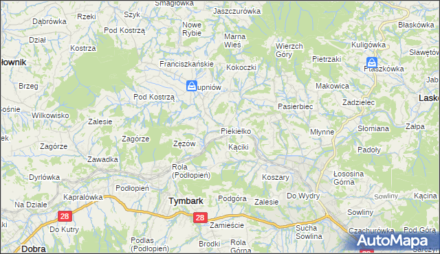 mapa Piekiełko gmina Tymbark, Piekiełko gmina Tymbark na mapie Targeo