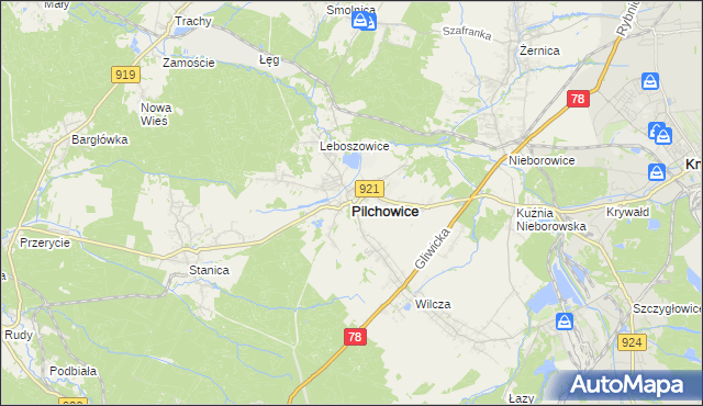 mapa Pilchowice powiat gliwicki, Pilchowice powiat gliwicki na mapie Targeo