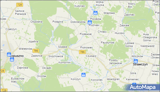 mapa Piotrowiec gmina Łopuszno, Piotrowiec gmina Łopuszno na mapie Targeo