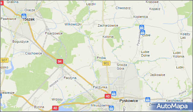 mapa Pniów gmina Toszek, Pniów gmina Toszek na mapie Targeo