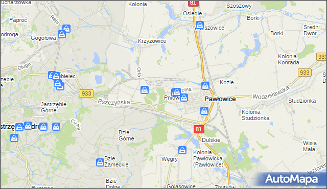 mapa Pniówek gmina Pawłowice, Pniówek gmina Pawłowice na mapie Targeo
