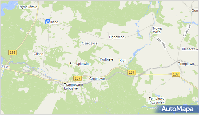 mapa Podbiele gmina Sulęcin, Podbiele gmina Sulęcin na mapie Targeo