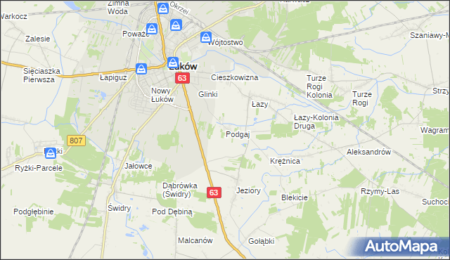 mapa Podgaj gmina Łuków, Podgaj gmina Łuków na mapie Targeo