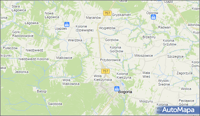 mapa Przyborowice gmina Bogoria, Przyborowice gmina Bogoria na mapie Targeo