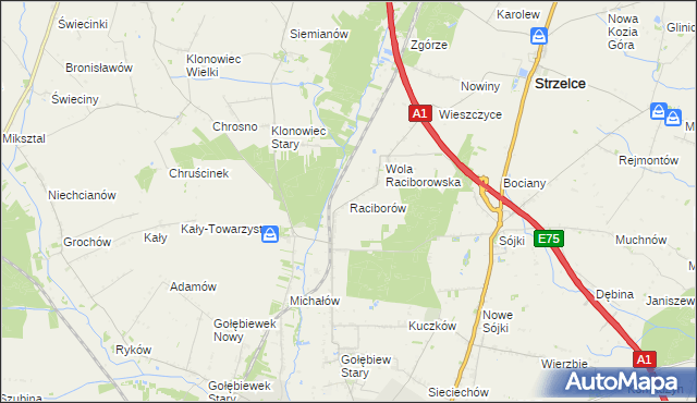 mapa Raciborów gmina Kutno, Raciborów gmina Kutno na mapie Targeo