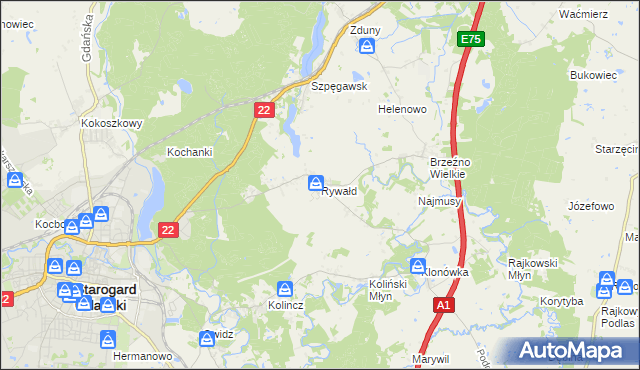 mapa Rywałd gmina Starogard Gdański, Rywałd gmina Starogard Gdański na mapie Targeo