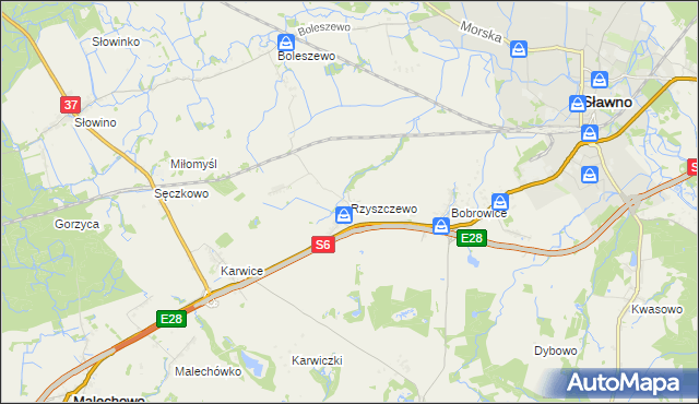 mapa Rzyszczewo gmina Sławno, Rzyszczewo gmina Sławno na mapie Targeo