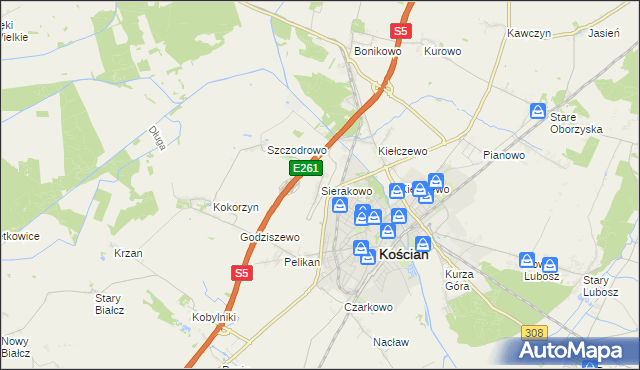 mapa Sierakowo gmina Kościan, Sierakowo gmina Kościan na mapie Targeo