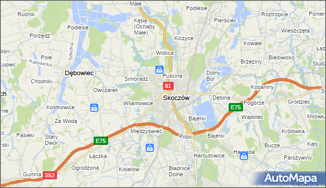 mapa Skoczów powiat cieszyński, Skoczów powiat cieszyński na mapie Targeo
