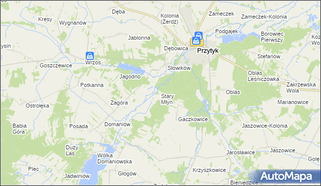 mapa Stary Młyn gmina Przytyk, Stary Młyn gmina Przytyk na mapie Targeo