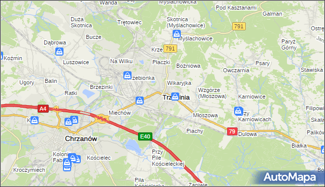 mapa Trzebinia powiat chrzanowski, Trzebinia powiat chrzanowski na mapie Targeo