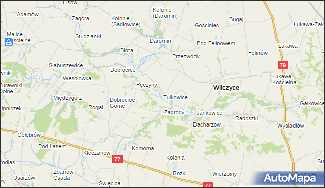 mapa Tułkowice gmina Wilczyce, Tułkowice gmina Wilczyce na mapie Targeo