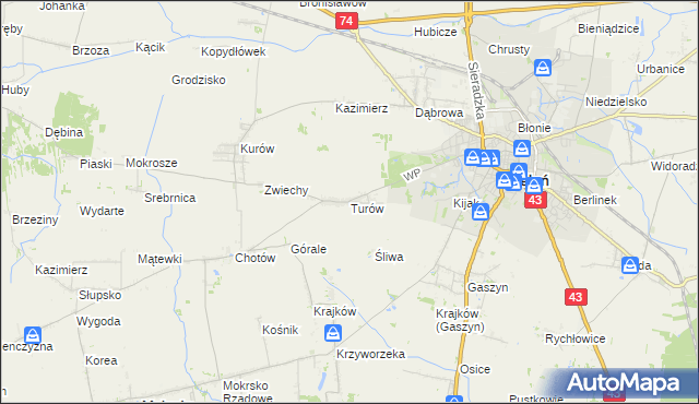 mapa Turów gmina Wieluń, Turów gmina Wieluń na mapie Targeo